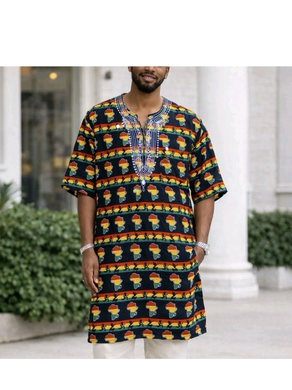 African Print Short-Sleeve Men’s Shirt - Black with Red/Yellow/Green Pattern